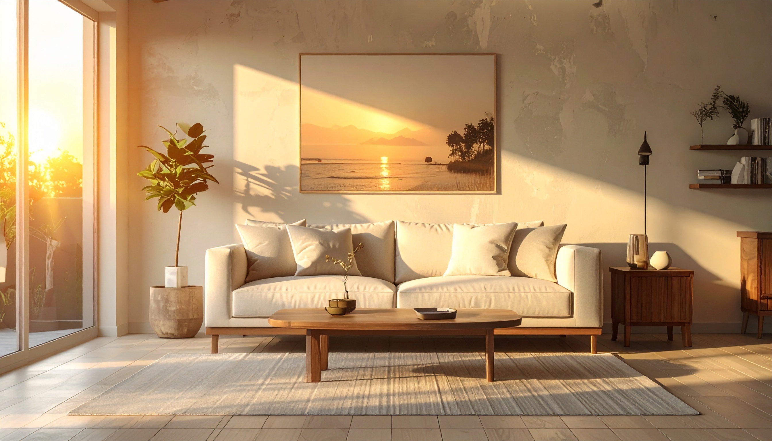 Sala de estar minimalista, iluminada por luz natural, com sofá bege centralizado, mesa de madeira e quadro de paisagem ao pôr do sol na parede. Plantas e decoração em tons terrosos complementam o ambiente sereno e harmônico.